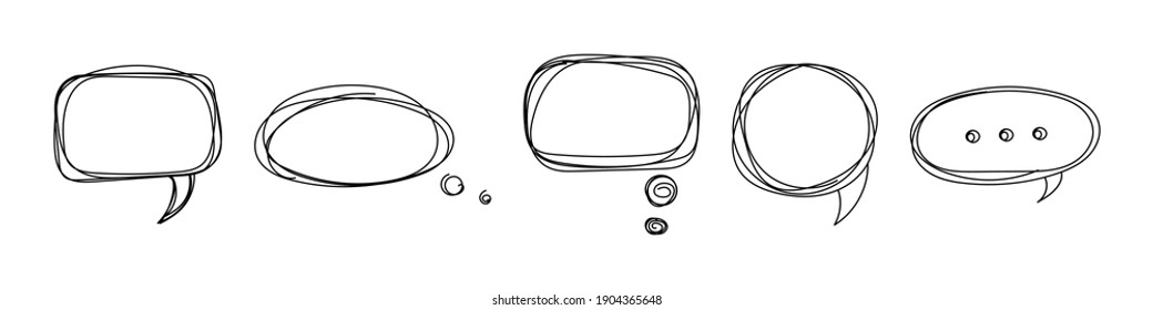 Las burbujas de voz dibujadas con lápiz enmarcan iconos. Diálogos en la nube con comentarios de doodle de contorno de comunicación negra y argumentos de vector giratorio.