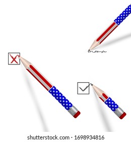 Pencil draws a check mark set. Voting concept. The US presidential election 2020. American flag colors. Vector illustration.