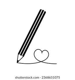 Pencil draws heart. Vector illustration. Pencil icon. Black and white linear drawing of hand drawn shape of heart. Concept of declaration of love. Valentines Day greeting card design.