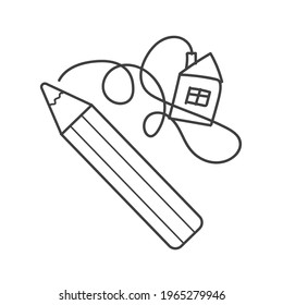 Pencil draws house. Drawing. Isolated on white background. Coloring book. Childhood doodle. Vector line illustration. Children's design. Clip art element. 