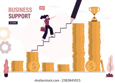 Pencil draws ladder on chart, smart businesswoman walking to profit and success. Business support, mentoring. Financial crisis overcoming. Business profitability during economic recession or crisis