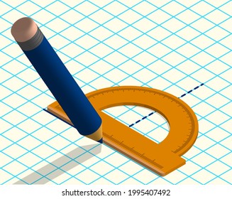 pencil draws lines on sheet of notebook paper with protractor. Plotting corners on geometry. Realistic 3D vector in isometric