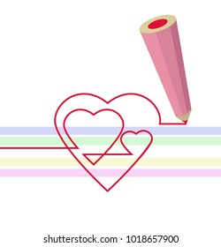 A pencil draws three hearts joined together. Vector illustration.