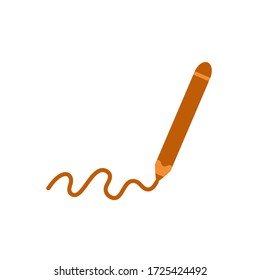 The pencil draws a zigzag line in brown. On white background. The subject of stationery for drawing. Write down. Cartoon vector illustration