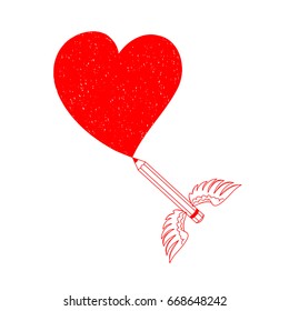Pencil drew a heart. Vector illustration of heart. Pencil with wings. Illustration of love perfect to decorate cards for Valentine's day.