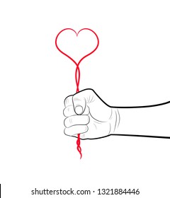 pencil drowing fist holding the red heart from the line, egoism concept, hold the love hard concept, 