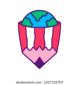 Pencil with earth planet inside, illustration for t-shirt, sticker, or apparel merchandise. Doodle, retro, and cartoon style.