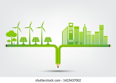 Pencil Ecology and Environmental Concept,Town With Eco-Friendly Ideas,Vector Illustration