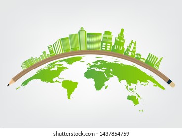 Pencil Ecology and Environmental Concept,Town With Eco-Friendly Ideas,Vector Illustration
