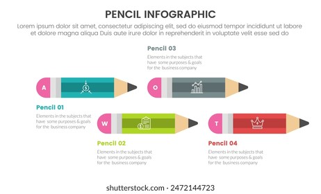 pencil education infographic 4 point stage template with laying pencil on right direction up and down for slide presentation vector