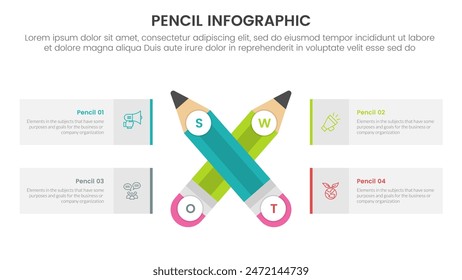 pencil education infographic 4 point stage template with x cross shape on center and rectangle box container information for slide presentation vector