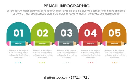 pencil education infographic 5 point stage template with small short pencil horizontal direction and round circle box for slide presentation vector