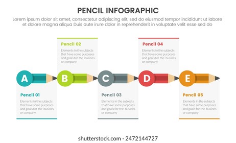 pencil education infographic 5 point stage template with small pencils with circle on edge for slide presentation vector