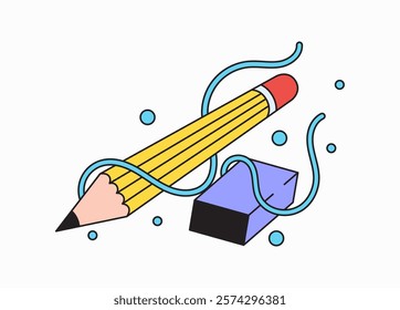 Pencil entwined with a blue line and an eraser, ideal for educational materials or artistic themes cartoon retro illustration