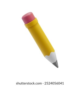 Pencil with eraser 3d cartoon style vector illustration. Stationery object, office pen symbol of education, back to school and study. Creative writing and drawing icon