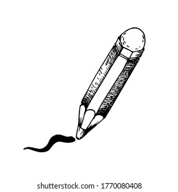 A pencil with an eraser at the back draws a wavy line on a white background. School, office, art equipment. Sketch vector illustration