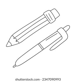 Pencil with eraser and ballpoint pen. Outline doodle Stationery, office supplies. Simple hand drawn icons. Black and white vector illustration isolated on a white background.
