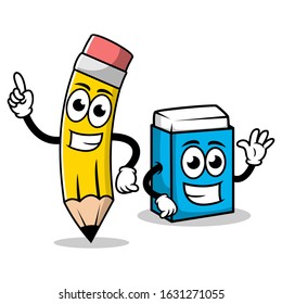 Pencil and eraser cartoon characters vector