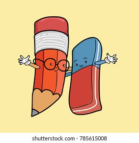 pencil and eraser cartoon vector, cute and funny