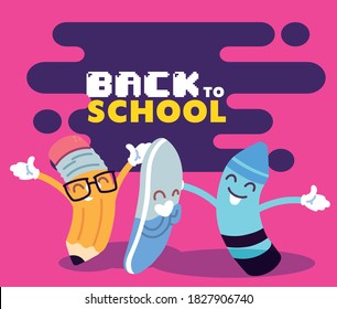 pencil eraser and crayon cartoon design, Back to school eduacation class lesson theme Vector illustration