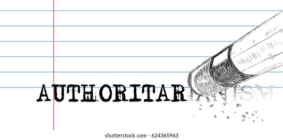 A Pencil With An Eraser Erases The Word Authoritarianism. Laconic Poster On Authoritarianism.