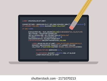 A pencil eraser erasing a programming code written on a laptop screen, back end development, fixing bugs and errors