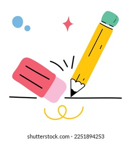 Pencil and eraser, flat sticker of stationery 