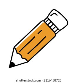 Pencil with eraser hand drawing doodle sketch.Line art vector illustration. Isolated on white background.