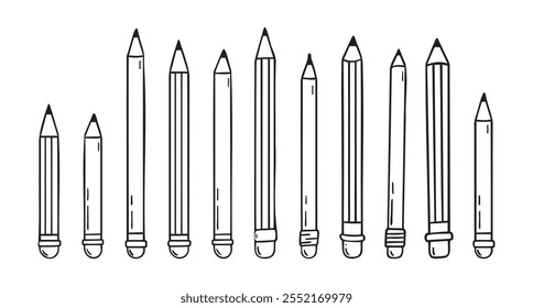 Pencil with eraser hand drawn doodle line scandinavian minimalism icon set. Pencil single element for school, teaching, drawing. Vector illustration