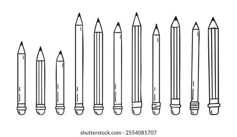 Pencil with eraser hand drawn doodle line scandinavian minimalism icon set. Pencil single element for school, teaching, drawing. Vector illustration