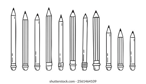 Pencil with eraser hand drawn doodle line scandinavian minimalism icon set. Pencil single element for school, teaching, drawing. Vector illustration