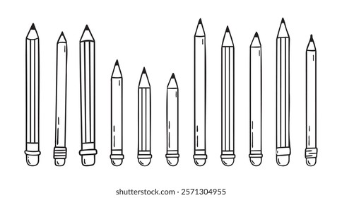 Pencil with eraser hand drawn doodle line scandinavian minimalism icon set. Pencil single element for school, teaching, drawing. Vector illustration