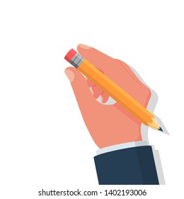 Pencil eraser holding in hand. Vector illustration flat design. Isolated on white background. Rub out pencil drawing. Removing a written mistake on a piece of paper.