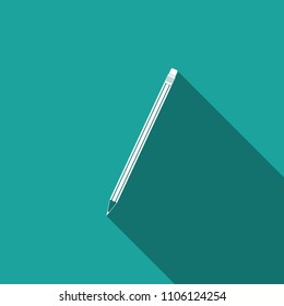 Pencil with eraser icon isolated with long shadow. Education sign. Drawing and educational tools. School office symbol. Flat design. Vector Illustration