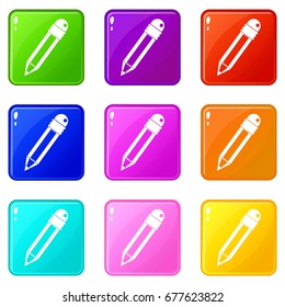 Pencil with eraser icons of 9 color set isolated vector illustration