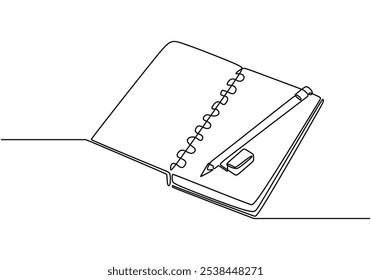 Pencil and eraser next to a notebook depicted in continuous one line drawing. Education concept symbolizing writing and learning tools.