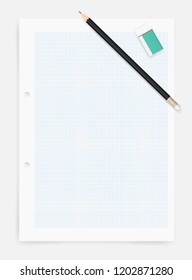 Pencil and eraser on drawing paper sheet background with area for copy space. Vector illustration.