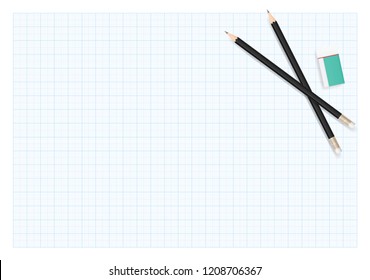 Pencil and eraser on drawing paper sheet background with area for copy space. Vector illustration.