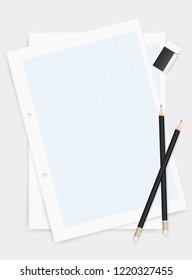 Pencil and eraser on drawing paper background with area for creative and design. Vector illustration.