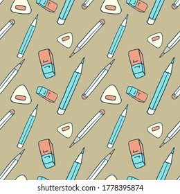 Pencil and eraser on green backdrop. Stationery seamless pattern for wallpaper, wrap paper, sleeper, bath tile, apparel or bed linen Phone case or cloth print. Doodle style stock vector illustration