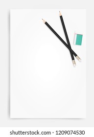 Pencil and eraser on white paper sheet background with area for copy space. Vector illustration.