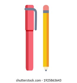 Lápiz con borrador y pluma. Ilustración vectorial.