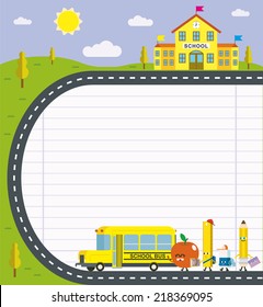 a pencil, an eraser, a ruler and an apple take the school bus to go to school.