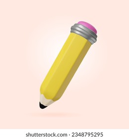 Pencil with eraser. School and office supplies. 3d vector illustration.