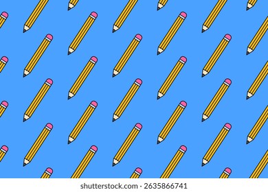 lápis com borracha escola artigos de papelaria colorido padrão sem costura no fundo azul. lápis de madeira com borracha doodle decoração padrão fundo crianças, escola, faculdade, ciência