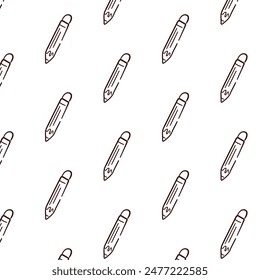 Pencil with eraser seamless pattern in doodle style. Design for school. Vector illustration isolated on a white background.