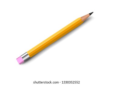 Pencil with eraser and shadow on white background, stationery, vector illustration.
