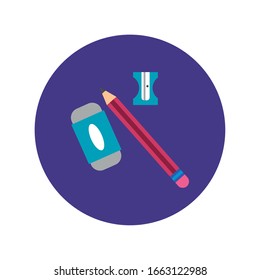 pencil with eraser and sharpener block and flat style vector illustration design