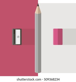 Pencil and eraser, pencil sharpener on the contrast background. Office writing implements. Vector illustration.