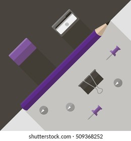 Pencil and eraser, pencil sharpener on the contrast background. Office writing implements. Vector illustration.